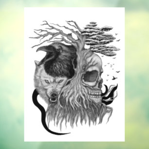 Wolf and Raven with Skull