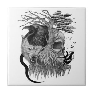 Wolf and Raven with Skull Ceramic Tile