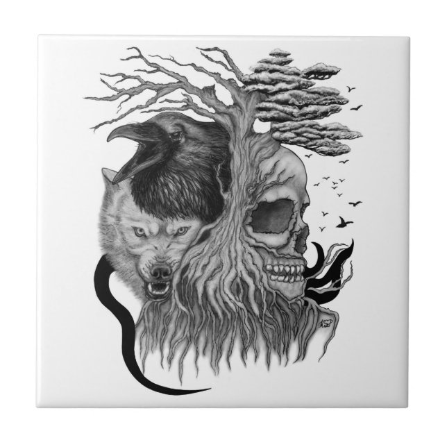 Wolf and Raven with Skull Ceramic Tile (Front)
