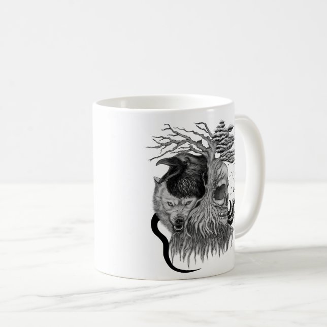 Wolf and Raven with Skull Coffee Mug (Front Right)