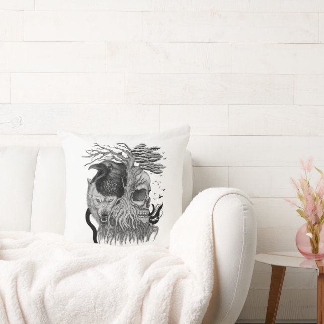 Wolf and Raven with Skull Cushion (Couch)