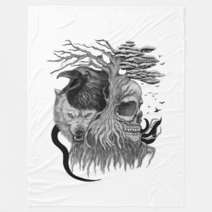 Wolf and Raven with Skull Fleece Blanket