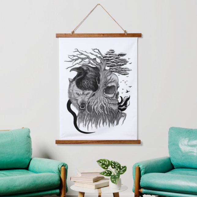 Wolf and Raven with Skull Hanging Tapestry (Living Room)