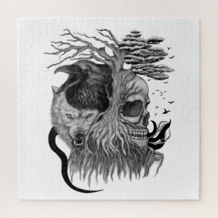 Wolf and Raven with Skull Jigsaw Puzzle