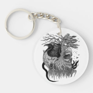 Wolf and Raven with Skull Key Ring