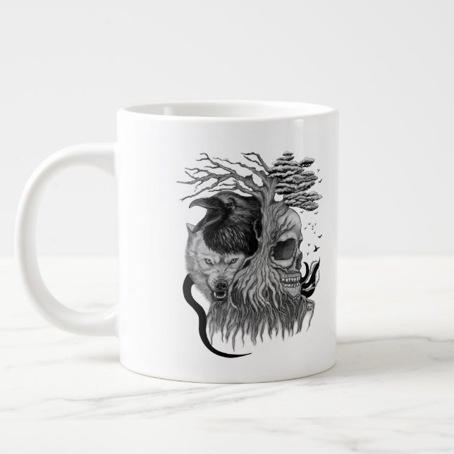 Wolf and Raven with Skull Large Coffee Mug (Left)