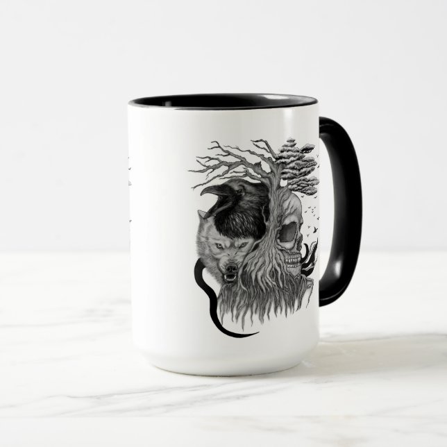 Wolf and Raven with Skull Mug (Front Right)