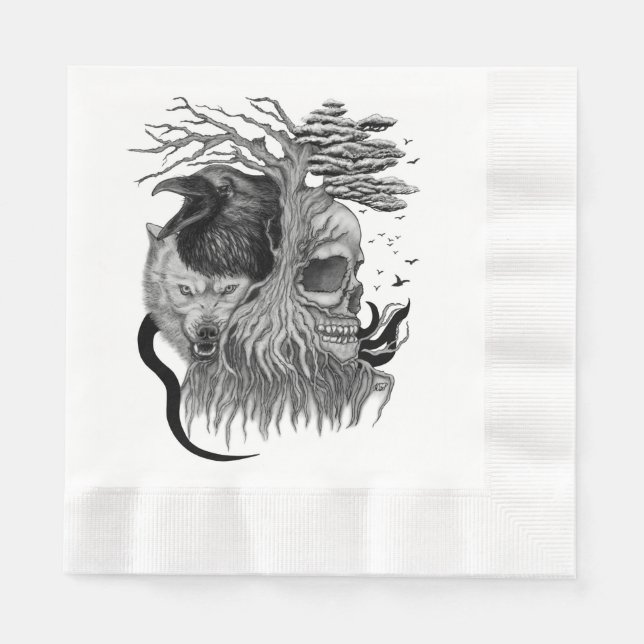 Wolf and Raven with Skull Napkin (Front)