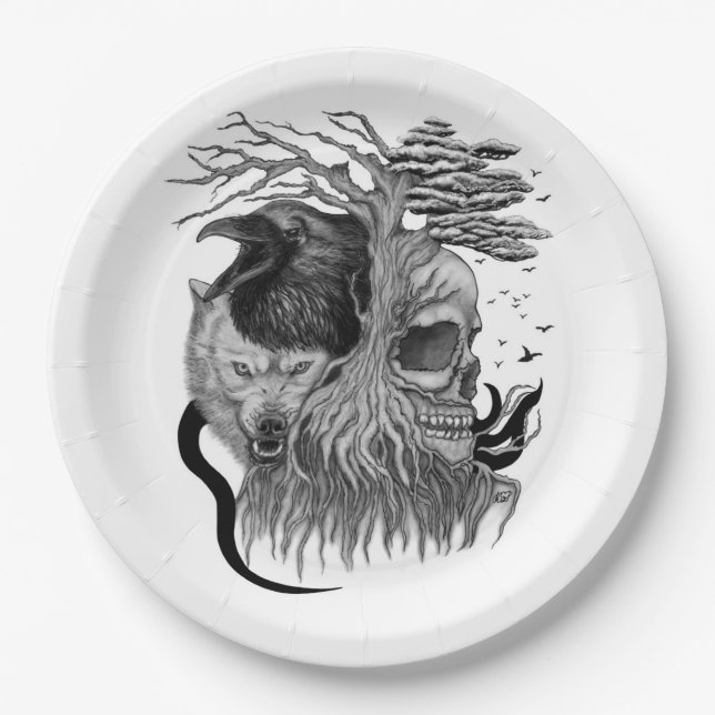 Wolf and Raven with Skull Paper Plate (Front)