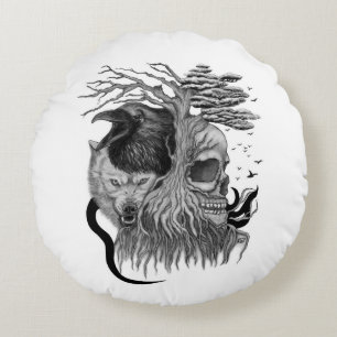 Wolf and Raven with Skull Round Cushion