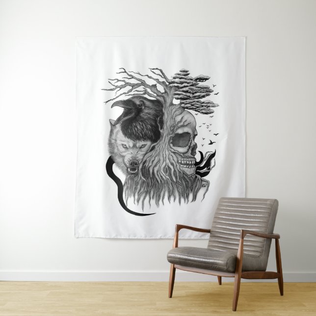 Wolf and Raven with Skull Tapestry (In Situ)