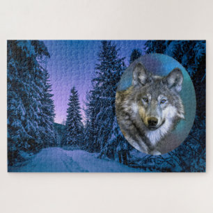Wolf and snow covered Winter Forest under the Star Jigsaw Puzzle