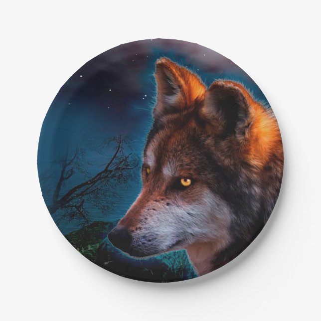 Wolf and the moon at midnigt paper plate (Front)