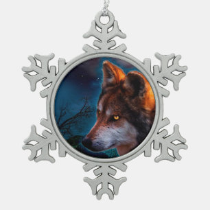 Wolf and the moon at midnigt snowflake pewter christmas ornament