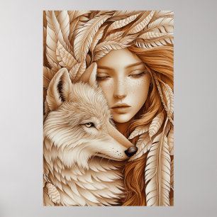 Wolf and Woman in Feathers Poster