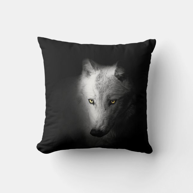 Wolf, animal portrait on black background, cushion (Front)