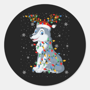 Wolf Animal Santa Hat Ugly Christmas Tree Lights Classic Round Sticker