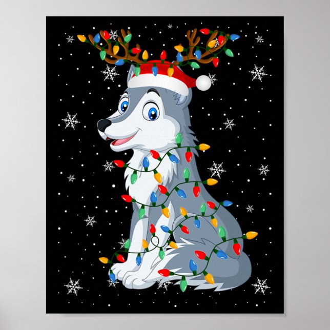 Wolf Animal Santa Hat Ugly Christmas Tree Lights  Poster (Front)