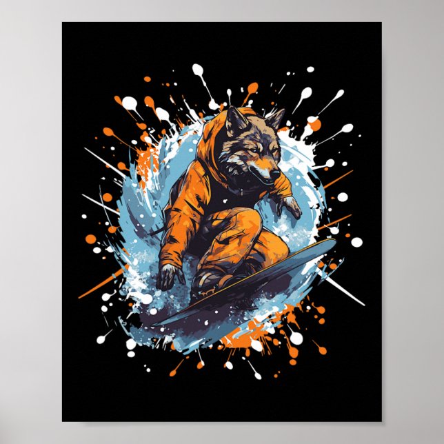 Wolf Animal Snowboarding Cool Snowboard  Poster (Front)