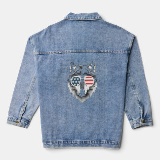 Wolf Art with American Flag Sunglasses Denim Jacket