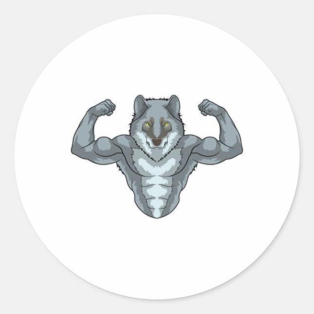 Wolf as Bodybuilder with big Muscles Classic Round Sticker (Front)