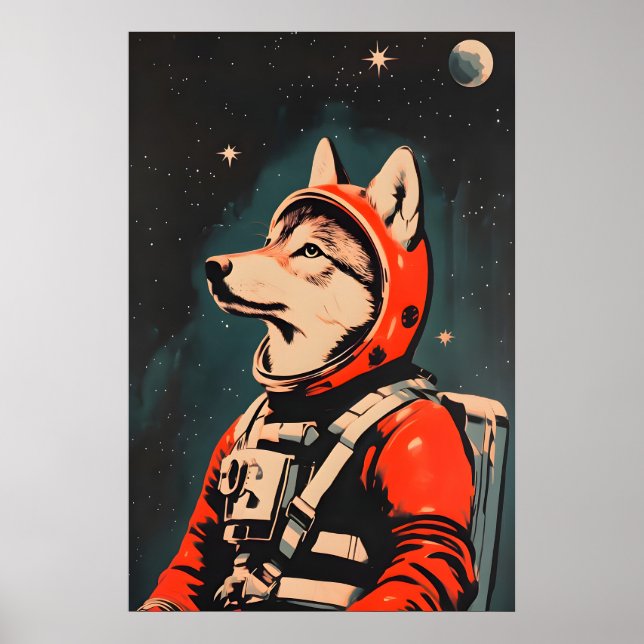 Wolf Astronaut Poster, Wolf Retro Print, Wolf Poster (Front)
