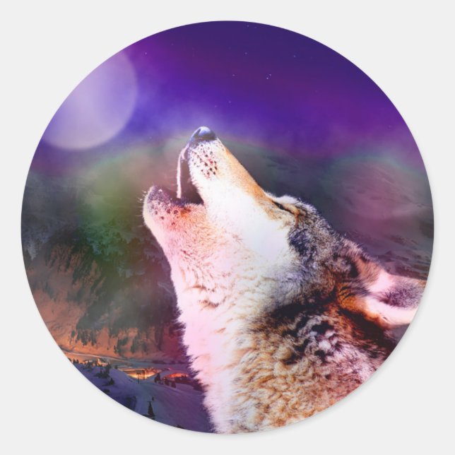 Wolf at night classic round sticker (Front)