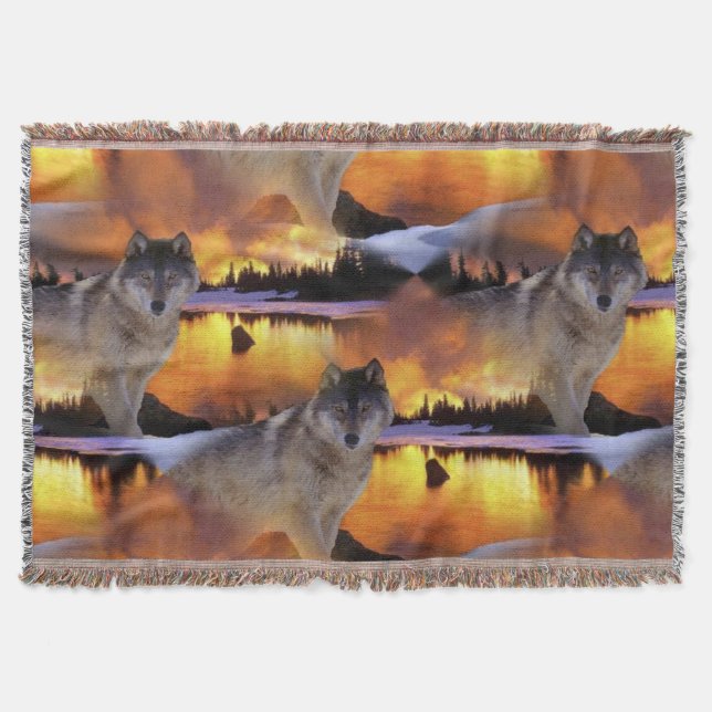 Wolf at Sunset Pattern Throw Blanket (Front)