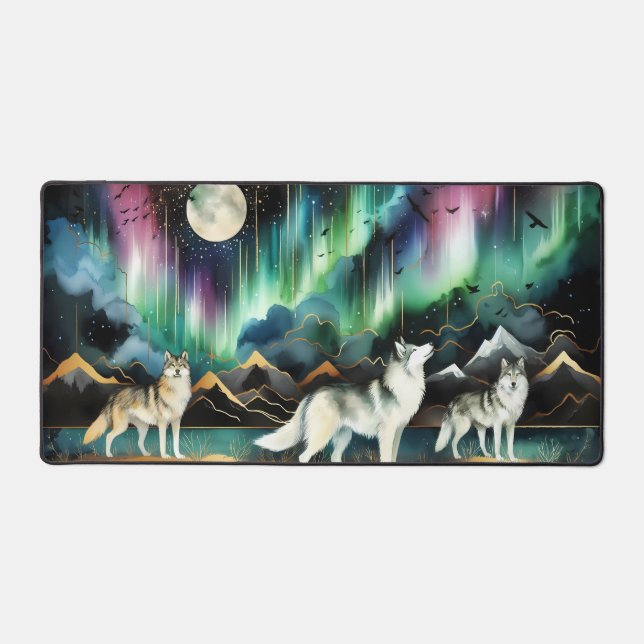 Wolf Aurora Borealis Desk Mat Northern Lights (Front)