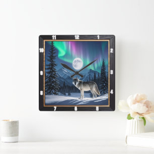 Wolf Aurora Borealis Wildlife Square Wall Clock