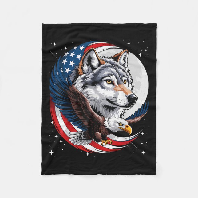 Wolf Bald Eagle American Flag Full Moon New Years  Fleece Blanket (Front)