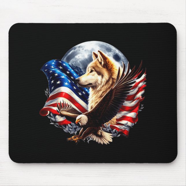 Wolf Bald Eagle American Flag Full Moon New Years  Mouse Pad (Front)