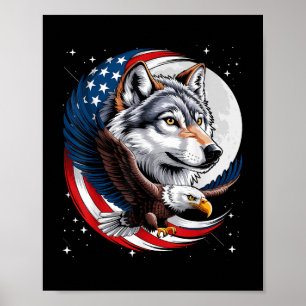 Wolf Bald Eagle American Flag Full Moon New Years Poster