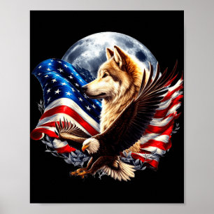 Wolf Bald Eagle American Flag Full Moon New Years Poster