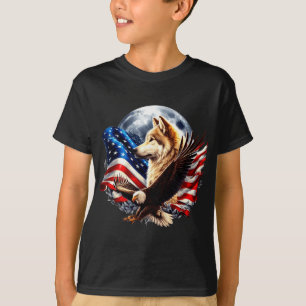 Wolf Bald Eagle American Flag Full Moon New Years T-Shirt