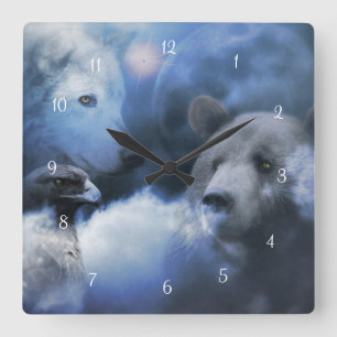 Wolf Bear and Eagle Native American Square Wall Clock
