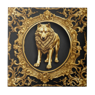 Wolf black and gold ornamental frame ceramic tile