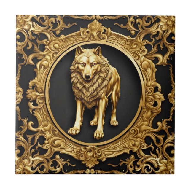 Wolf black and gold ornamental frame ceramic tile (Front)