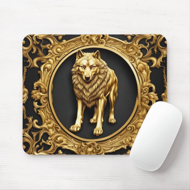 Wolf black and gold ornamental frame mouse pad (With Mouse)