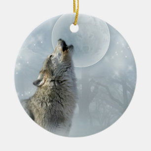 Wolf blue Moon ceramic ornament