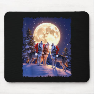 Wolf Christmas Funny 3 Wolf Howling Moon Santa Hat Mouse Pad