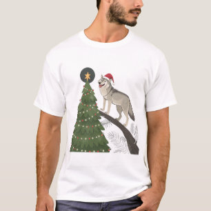 Wolf Christmas Funny Xmas tree Wearing Santa Hat T-Shirt