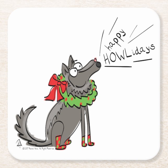 Wolf Christmas Happy Howlidays Funny Square Paper Coaster (Front)