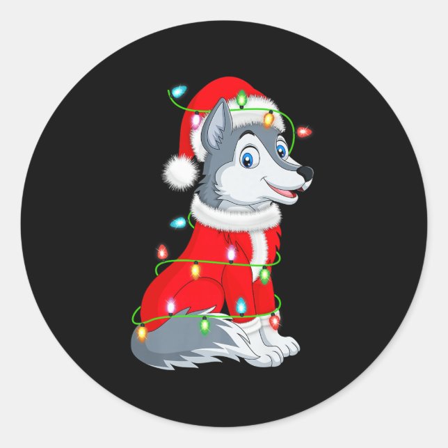 Wolf Christmas Lights Santa Costume Cute Animal Xm Classic Round Sticker (Front)