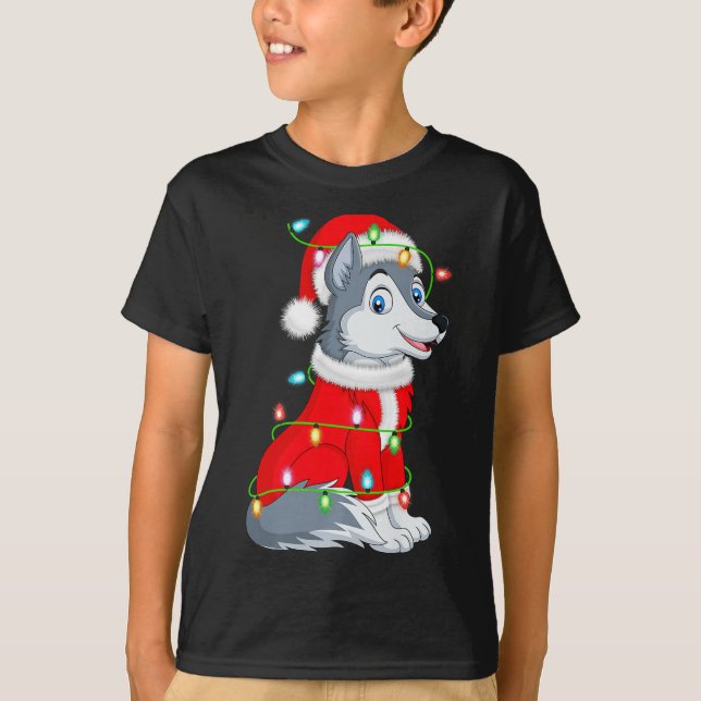 Wolf Christmas Lights Santa Costume Cute Animal Xm T-Shirt (Front)