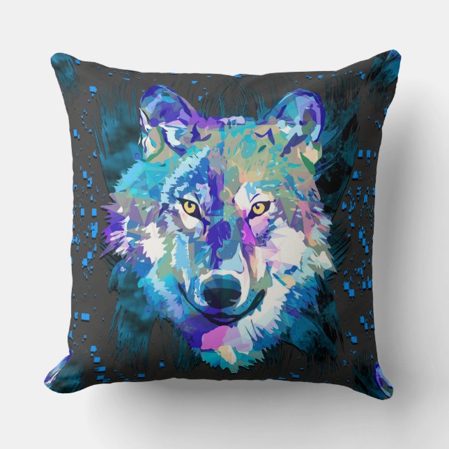 Wolf | Colourful Wolf Drawing | Grey Wolf Cushion (Front)