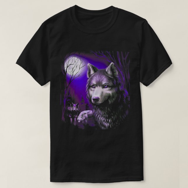 Wolf Cool Wolves Forest Tree Moon T-Shirt (Design Front)