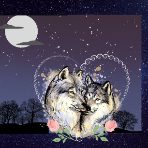 Wolf Couple Moon & Stars Throw Pillow