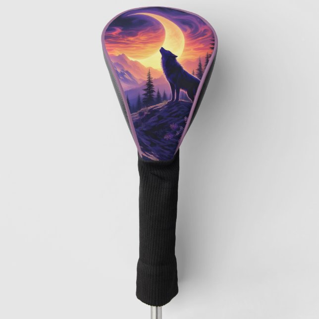 Wolf Crescent Moon Lavender Sunset Golf Head Cover (Front)