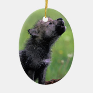 Wolf Cub Howling Ceramic Tree Decoration